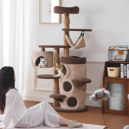 Contemporary Creative Round Particleboard Solid Wood Pillar Velvet Fabric Hemp Rope Cat Tree 6/7-Tier For Living Room