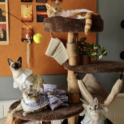 Contemporary Creative Round Particleboard Solid Wood Pillar Velvet Fabric Hemp Rope Cat Tree 6/7-Tier For Living Room