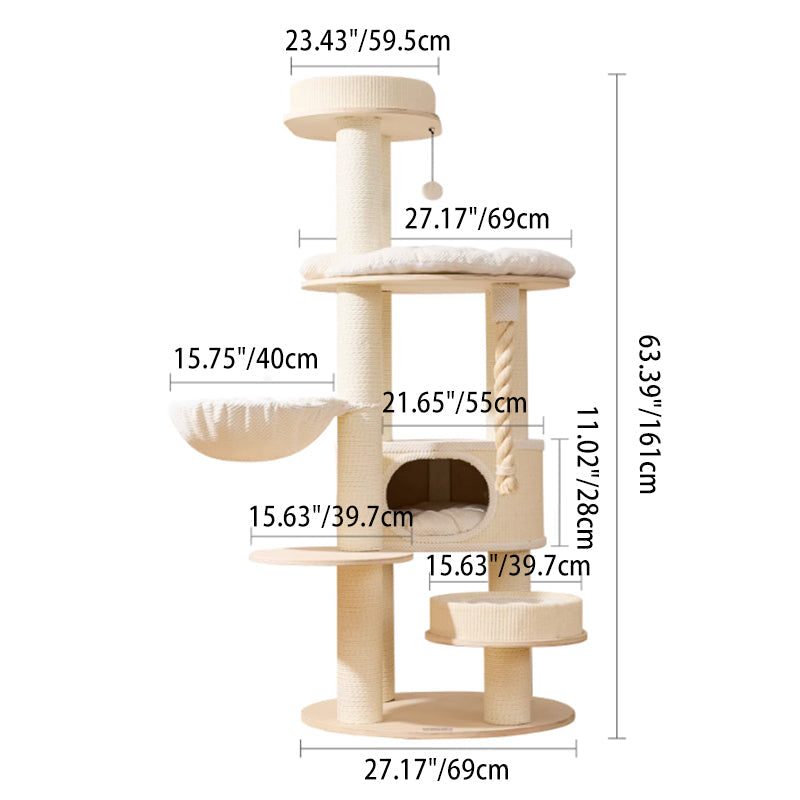 Contemporary Scandinavian Round Plywood Velvet Fabric Paper Rope Sisal Acrylic Cat Tree 6-Tier For Living Room