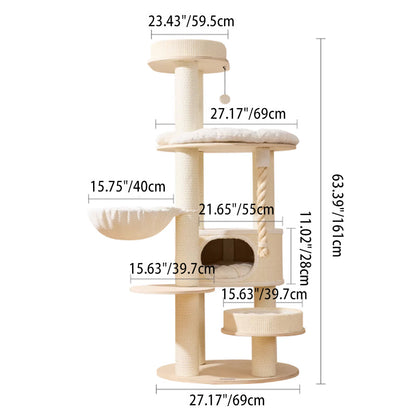 Contemporary Scandinavian Round Plywood Velvet Fabric Paper Rope Sisal Acrylic Cat Tree 6-Tier For Living Room