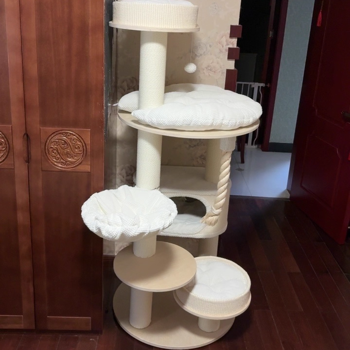 Contemporary Scandinavian Round Plywood Velvet Fabric Paper Rope Sisal Acrylic Cat Tree 6-Tier For Living Room