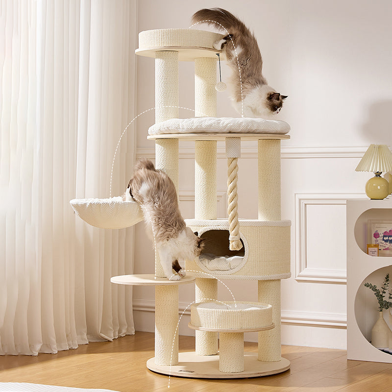 Contemporary Scandinavian Round Plywood Velvet Fabric Paper Rope Sisal Acrylic Cat Tree 6-Tier For Living Room