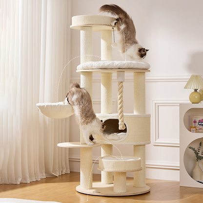 Contemporary Scandinavian Round Plywood Velvet Fabric Paper Rope Sisal Acrylic Cat Tree 6-Tier For Living Room
