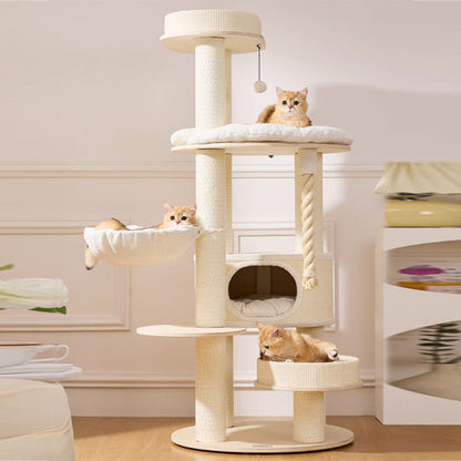 Contemporary Scandinavian Round Plywood Velvet Fabric Paper Rope Sisal Acrylic Cat Tree 6-Tier For Living Room