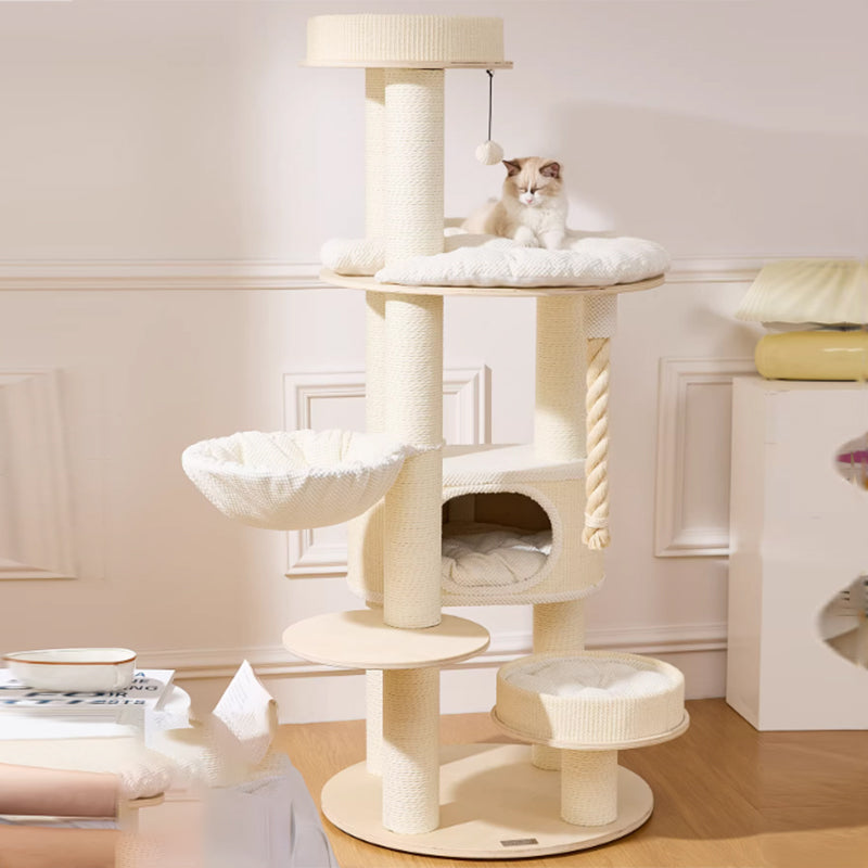 Contemporary Scandinavian Round Plywood Velvet Fabric Paper Rope Sisal Acrylic Cat Tree 6-Tier For Living Room