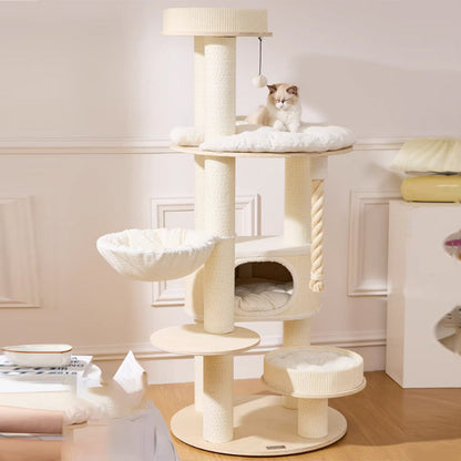 Contemporary Scandinavian Round Plywood Velvet Fabric Paper Rope Sisal Acrylic Cat Tree 6-Tier For Living Room
