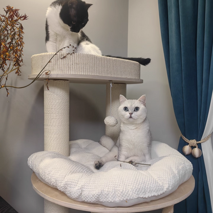 Contemporary Scandinavian Round Plywood Velvet Fabric Paper Rope Sisal Acrylic Cat Tree 6-Tier For Living Room