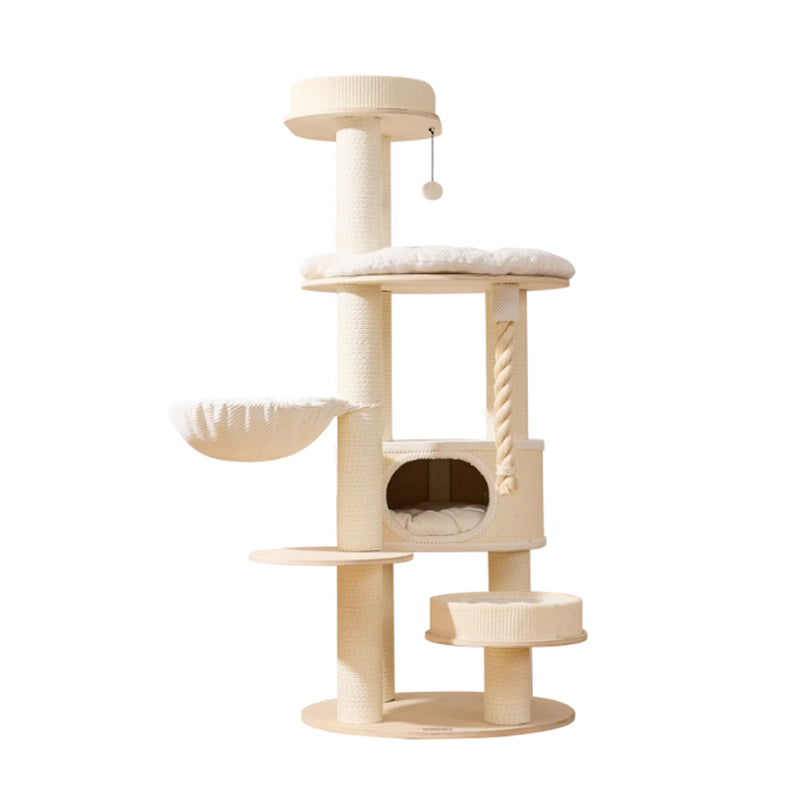Contemporary Scandinavian Round Plywood Velvet Fabric Paper Rope Sisal Acrylic Cat Tree 6-Tier For Living Room