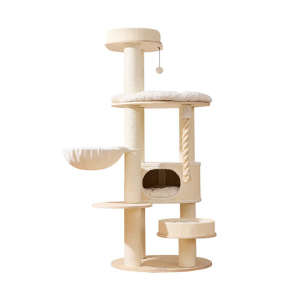 Contemporary Scandinavian Round Plywood Velvet Fabric Paper Rope Sisal Acrylic Cat Tree 6-Tier For Living Room