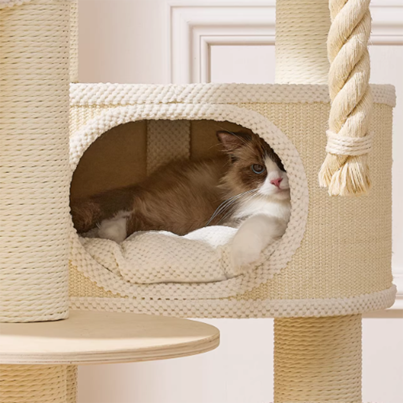 Contemporary Scandinavian Round Plywood Velvet Fabric Paper Rope Sisal Acrylic Cat Tree 6-Tier For Living Room
