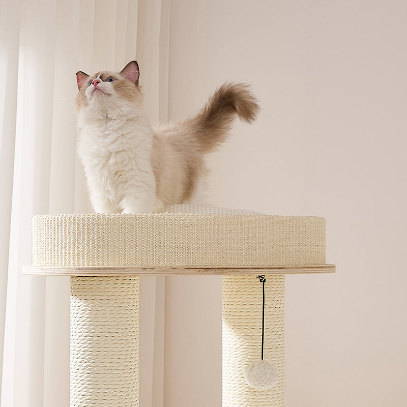 Contemporary Scandinavian Round Plywood Velvet Fabric Paper Rope Sisal Acrylic Cat Tree 6-Tier For Living Room