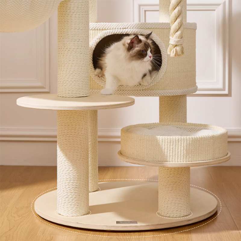 Contemporary Scandinavian Round Plywood Velvet Fabric Paper Rope Sisal Acrylic Cat Tree 6-Tier For Living Room