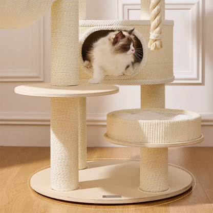 Contemporary Scandinavian Round Plywood Velvet Fabric Paper Rope Sisal Acrylic Cat Tree 6-Tier For Living Room