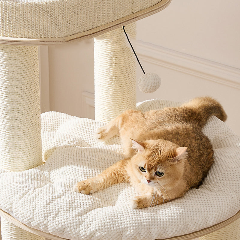 Contemporary Scandinavian Round Plywood Velvet Fabric Paper Rope Sisal Acrylic Cat Tree 6-Tier For Living Room