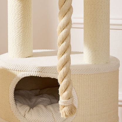 Contemporary Scandinavian Round Plywood Velvet Fabric Paper Rope Sisal Acrylic Cat Tree 6-Tier For Living Room