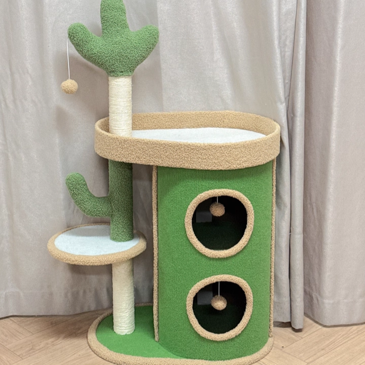 Contemporary Creative Round Particleboard Velvet Fabric Sisal Paper Tube Cactus Cat Tree & Condo 2-Condo 1-Perch For Bedroom