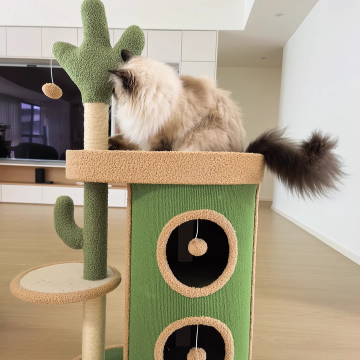 Contemporary Creative Round Particleboard Velvet Fabric Sisal Paper Tube Cactus Cat Tree & Condo 2-Condo 1-Perch For Bedroom