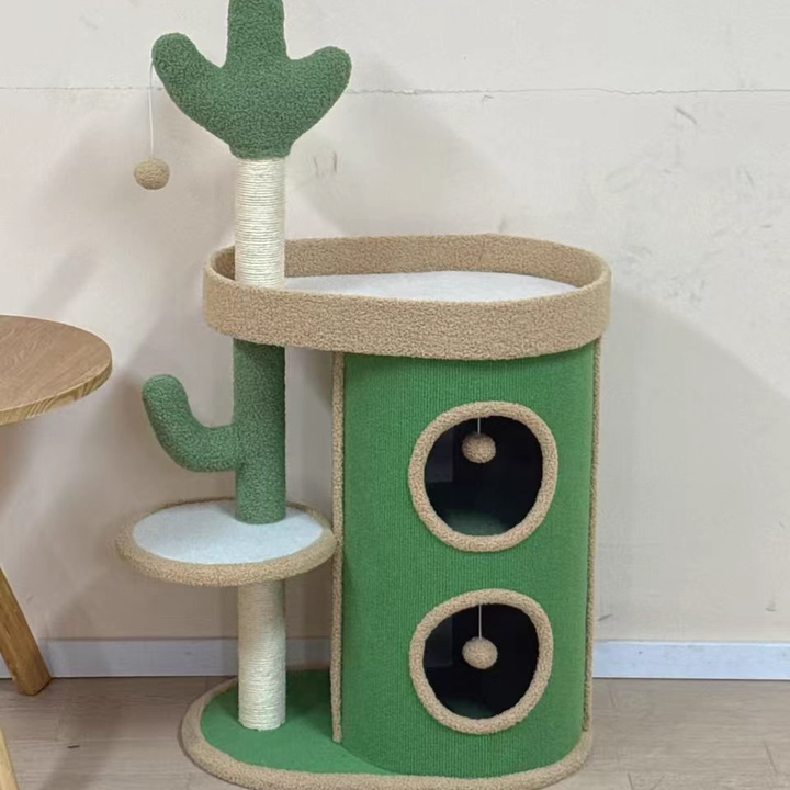 Contemporary Creative Round Particleboard Velvet Fabric Sisal Paper Tube Cactus Cat Tree & Condo 2-Condo 1-Perch For Bedroom