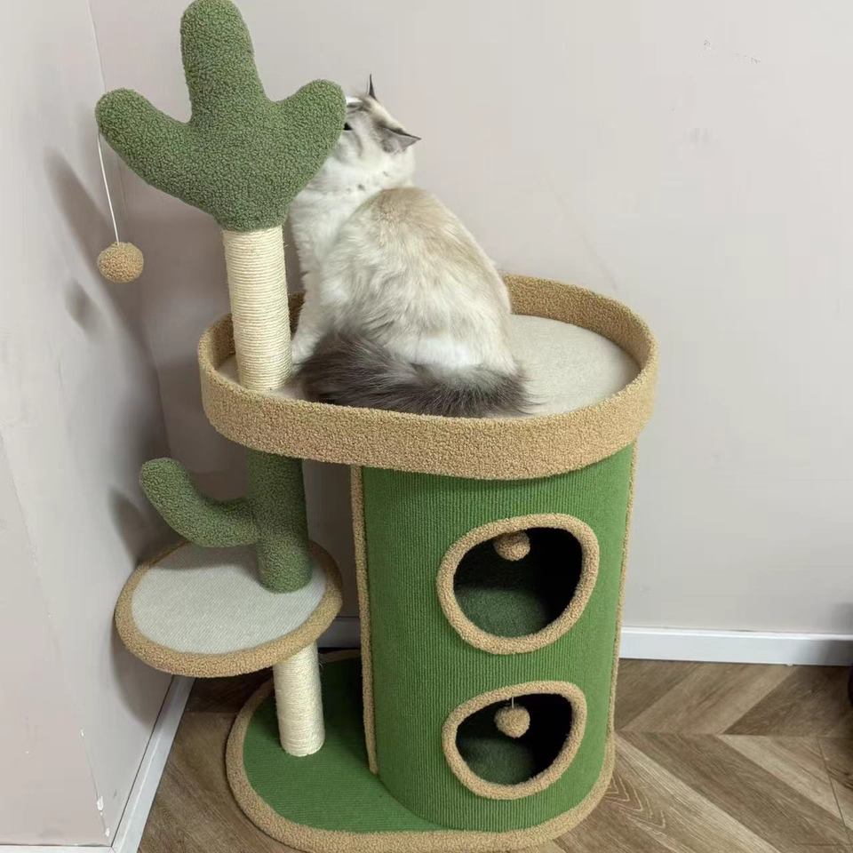 Contemporary Creative Round Particleboard Velvet Fabric Sisal Paper Tube Cactus Cat Tree & Condo 2-Condo 1-Perch For Bedroom