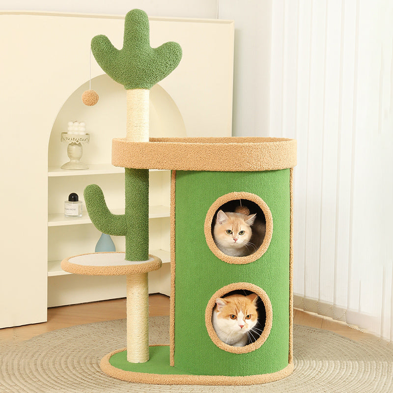 Contemporary Creative Round Particleboard Velvet Fabric Sisal Paper Tube Cactus Cat Tree & Condo 2-Condo 1-Perch For Bedroom