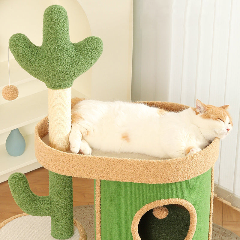 Contemporary Creative Round Particleboard Velvet Fabric Sisal Paper Tube Cactus Cat Tree & Condo 2-Condo 1-Perch For Bedroom