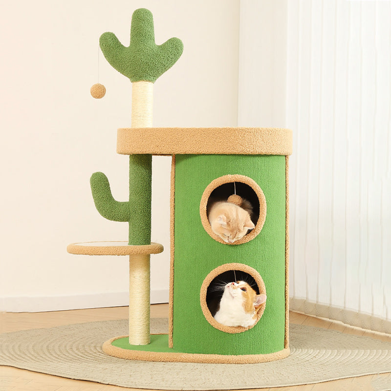 Contemporary Creative Round Particleboard Velvet Fabric Sisal Paper Tube Cactus Cat Tree & Condo 2-Condo 1-Perch For Bedroom