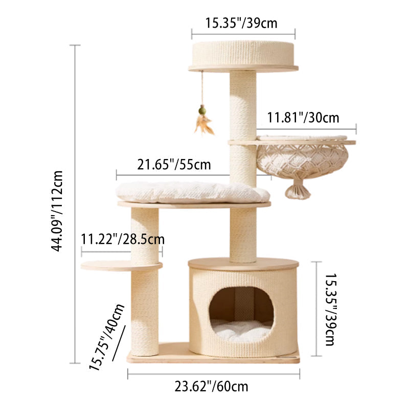 Contemporary Scandinavian Round Plywood Paper Rope Sisal Velvet Fabric Cat Tree & Condo 2-Condo 2-Perch For Bedroom