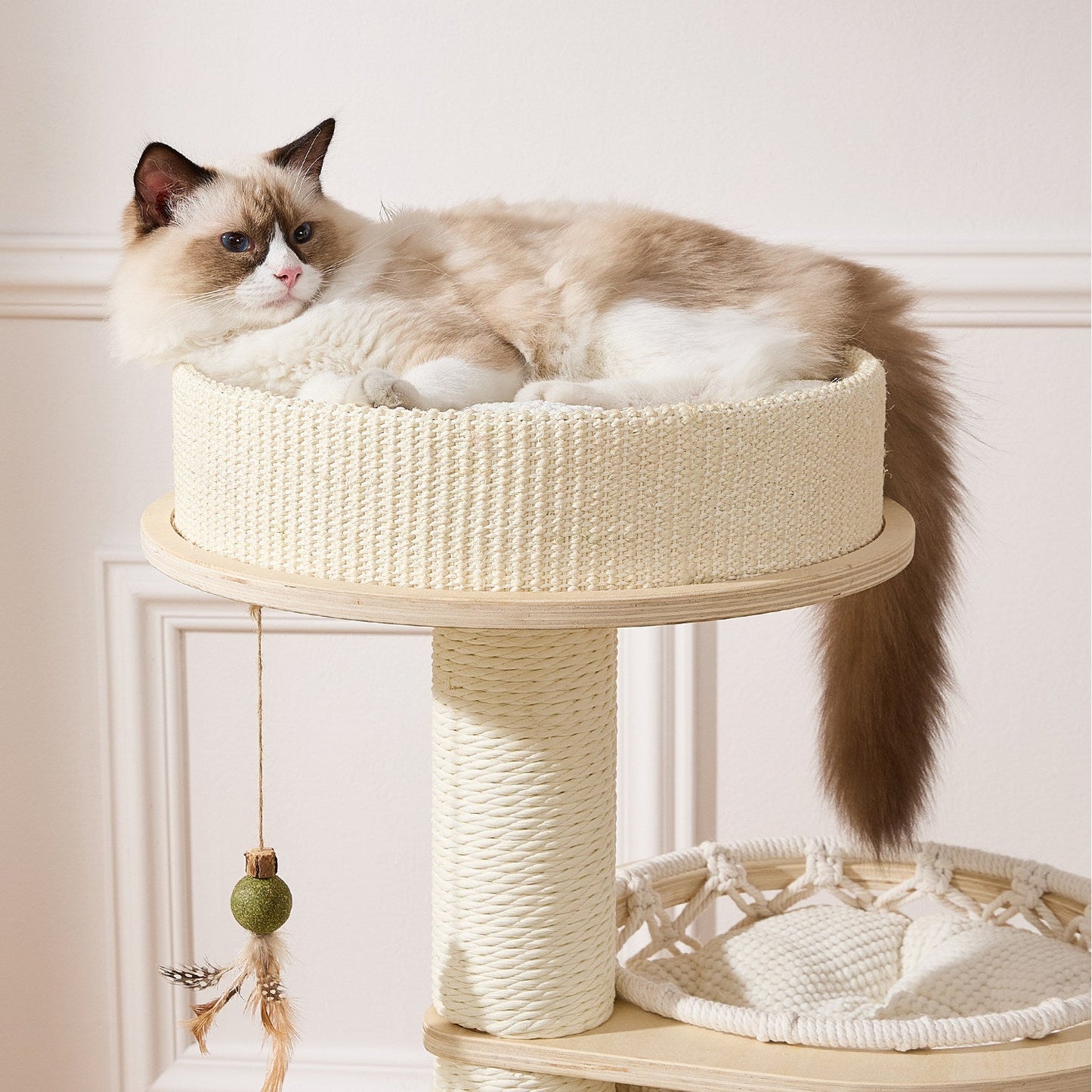 Contemporary Scandinavian Round Plywood Paper Rope Sisal Velvet Fabric Cat Tree & Condo 2-Condo 2-Perch For Bedroom