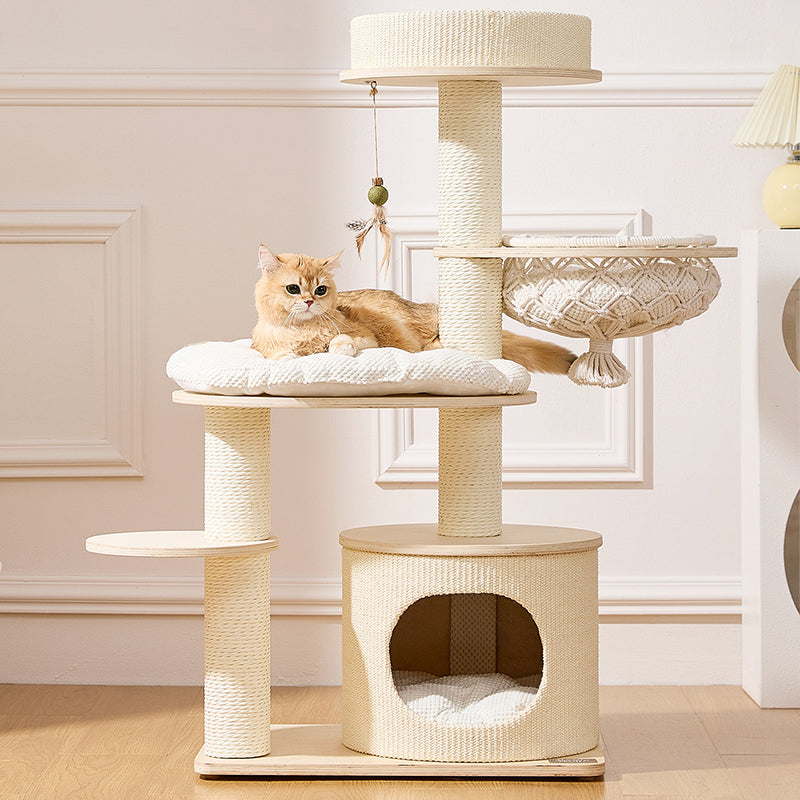 Contemporary Scandinavian Round Plywood Paper Rope Sisal Velvet Fabric Cat Tree & Condo 2-Condo 2-Perch For Bedroom