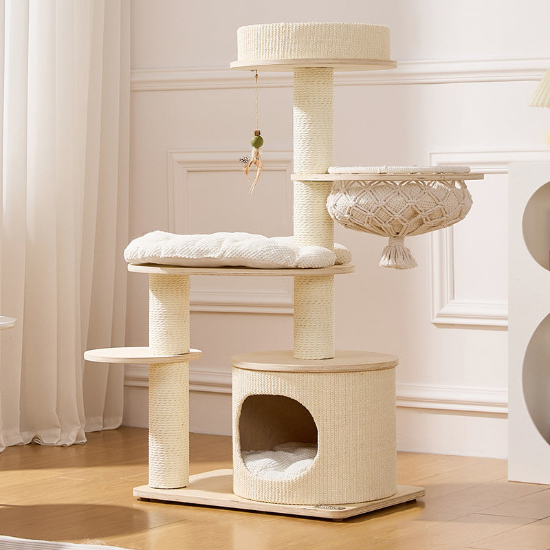 Contemporary Scandinavian Round Plywood Paper Rope Sisal Velvet Fabric Cat Tree & Condo 2-Condo 2-Perch For Bedroom