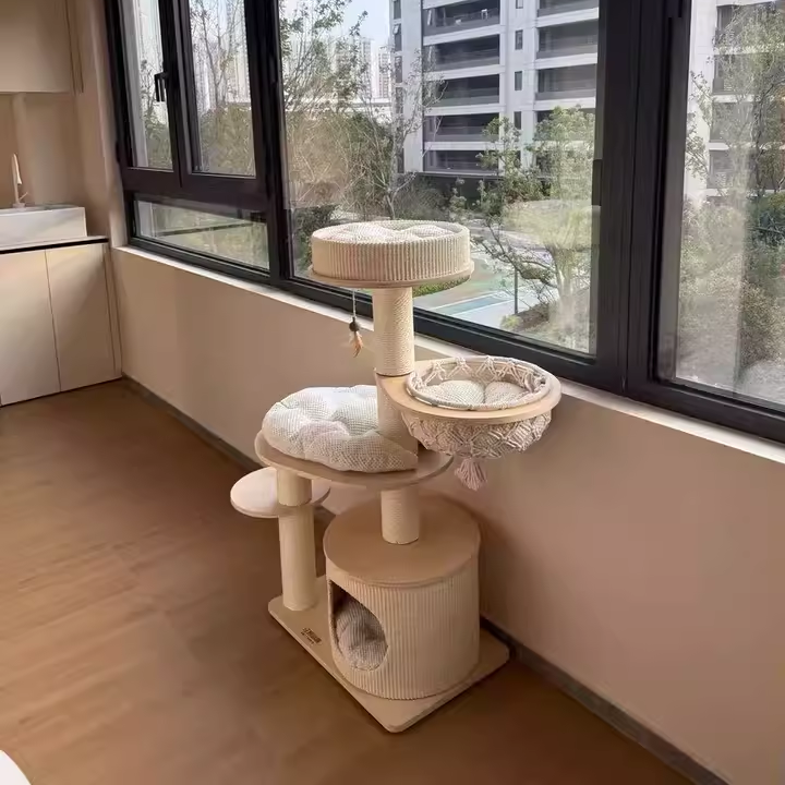 Contemporary Scandinavian Round Plywood Paper Rope Sisal Velvet Fabric Cat Tree & Condo 2-Condo 2-Perch For Bedroom