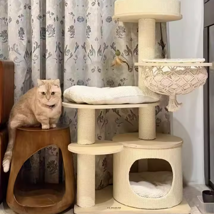 Contemporary Scandinavian Round Plywood Paper Rope Sisal Velvet Fabric Cat Tree & Condo 2-Condo 2-Perch For Bedroom