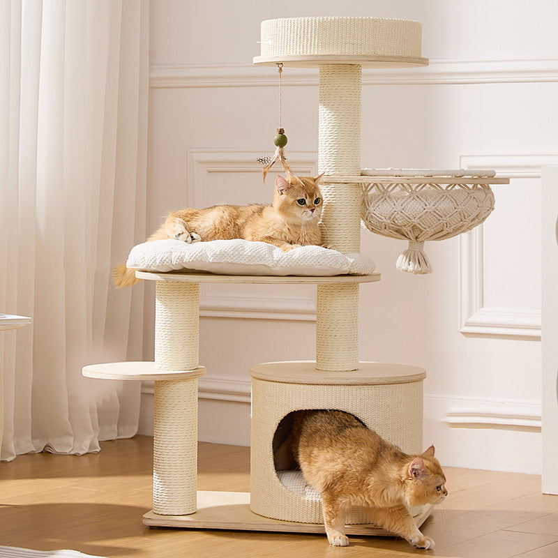 Contemporary Scandinavian Round Plywood Paper Rope Sisal Velvet Fabric Cat Tree & Condo 2-Condo 2-Perch For Bedroom