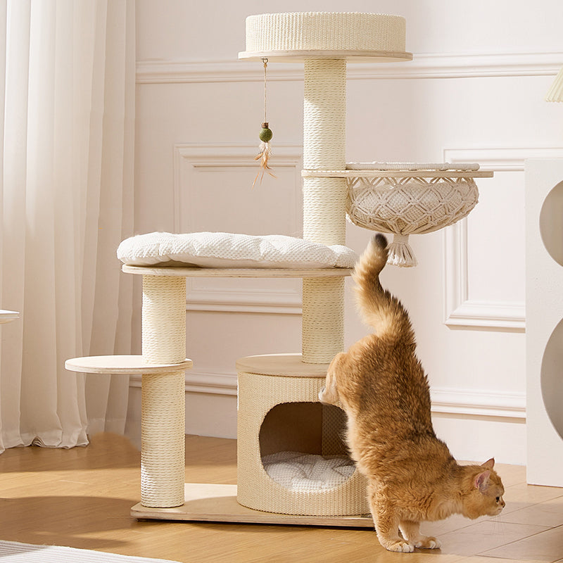 Contemporary Scandinavian Round Plywood Paper Rope Sisal Velvet Fabric Cat Tree & Condo 2-Condo 2-Perch For Bedroom