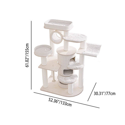 Contemporary Scandinavian Round Plywood Particleboard Paper Rope Velvet Fabric Cat Tree & Condo 3-Condo 5-Perch For Bedroom