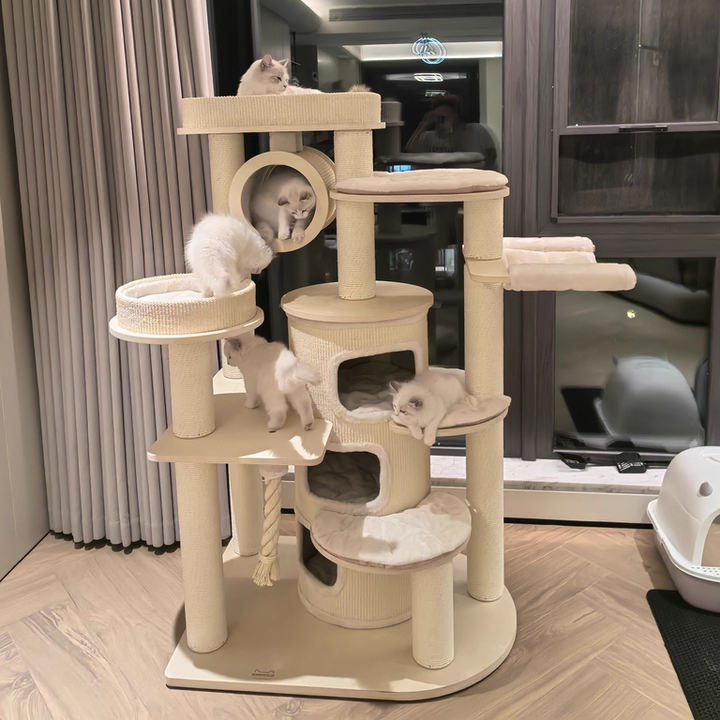 Contemporary Scandinavian Round Plywood Particleboard Paper Rope Velvet Fabric Cat Tree & Condo 3-Condo 5-Perch For Bedroom