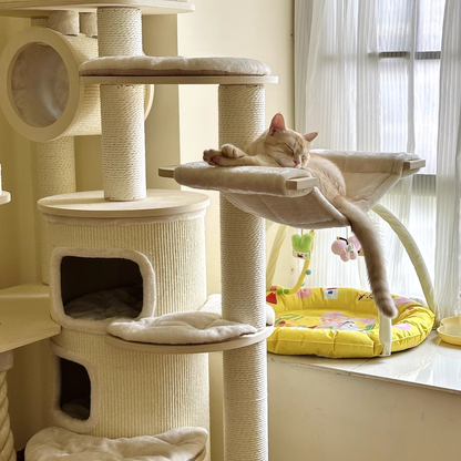 Contemporary Scandinavian Round Plywood Particleboard Paper Rope Velvet Fabric Cat Tree & Condo 3-Condo 5-Perch For Bedroom