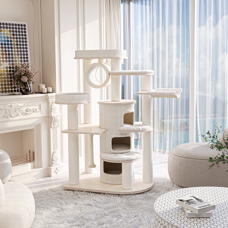 Contemporary Scandinavian Round Plywood Particleboard Paper Rope Velvet Fabric Cat Tree & Condo 3-Condo 5-Perch For Bedroom