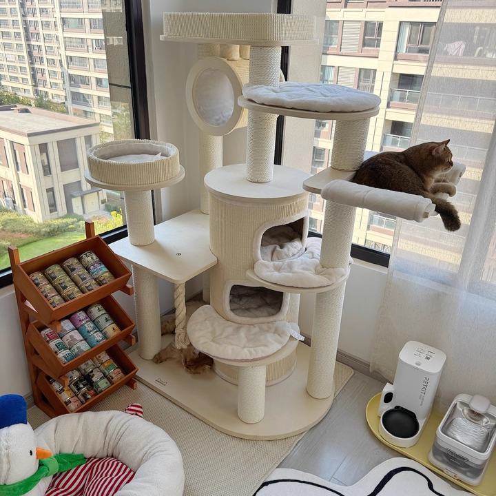 Contemporary Scandinavian Round Plywood Particleboard Paper Rope Velvet Fabric Cat Tree & Condo 3-Condo 5-Perch For Bedroom