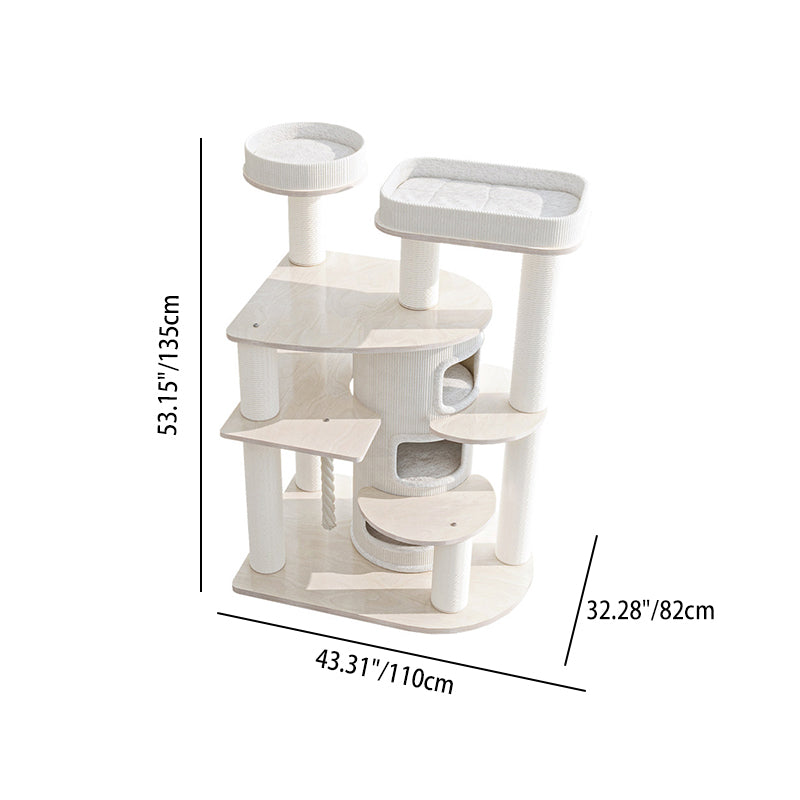Contemporary Scandinavian Round Plywood Particleboard Paper Rope Velvet Fabric Cat Tree & Condo 3-Condo 5-Perch For Bedroom