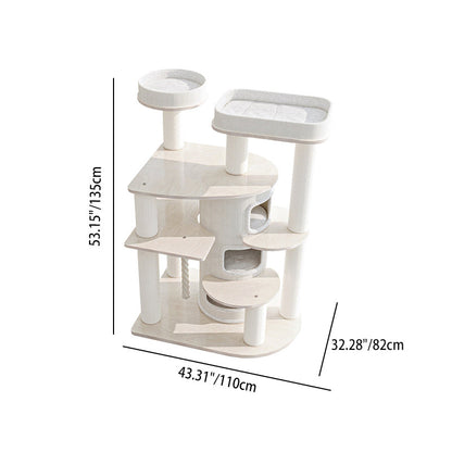 Contemporary Scandinavian Round Plywood Particleboard Paper Rope Velvet Fabric Cat Tree & Condo 3-Condo 5-Perch For Bedroom