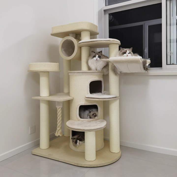 Contemporary Scandinavian Round Plywood Particleboard Paper Rope Velvet Fabric Cat Tree & Condo 3-Condo 5-Perch For Bedroom