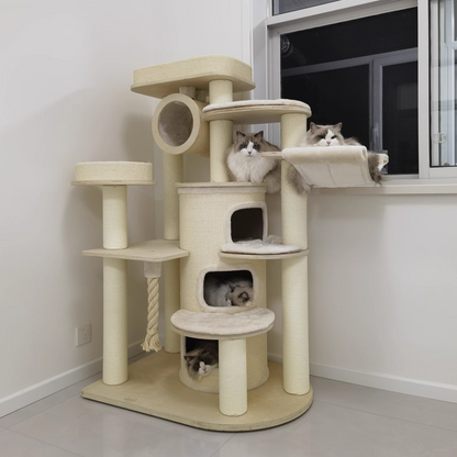 Contemporary Scandinavian Round Plywood Particleboard Paper Rope Velvet Fabric Cat Tree & Condo 3-Condo 5-Perch For Bedroom