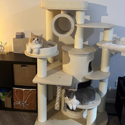 Contemporary Scandinavian Round Plywood Particleboard Paper Rope Velvet Fabric Cat Tree & Condo 3-Condo 5-Perch For Bedroom