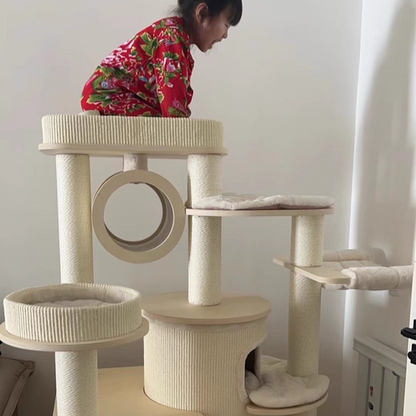 Contemporary Scandinavian Round Plywood Particleboard Paper Rope Velvet Fabric Cat Tree & Condo 3-Condo 5-Perch For Bedroom