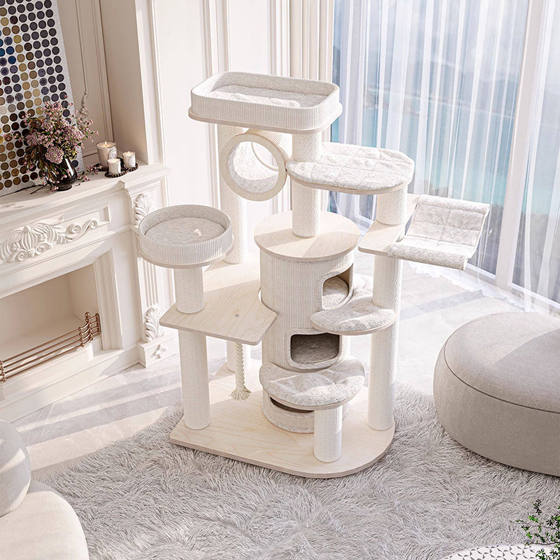 Contemporary Scandinavian Round Plywood Particleboard Paper Rope Velvet Fabric Cat Tree & Condo 3-Condo 5-Perch For Bedroom