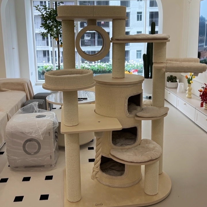 Contemporary Scandinavian Round Plywood Particleboard Paper Rope Velvet Fabric Cat Tree & Condo 3-Condo 5-Perch For Bedroom