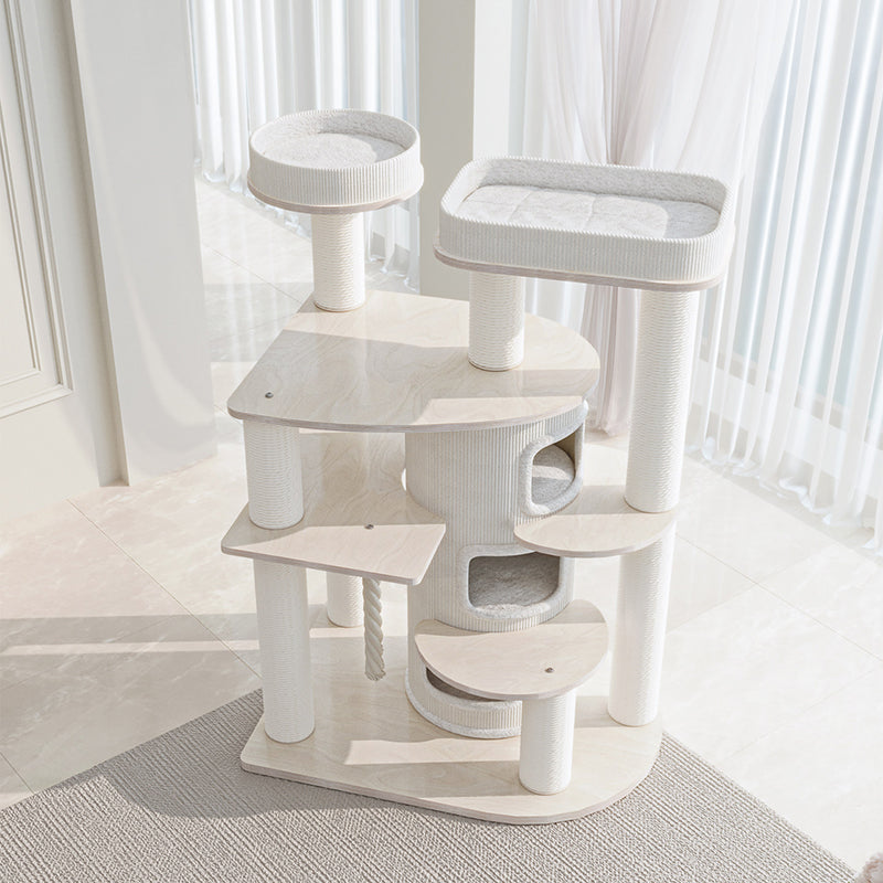 Contemporary Scandinavian Round Plywood Particleboard Paper Rope Velvet Fabric Cat Tree & Condo 3-Condo 5-Perch For Bedroom