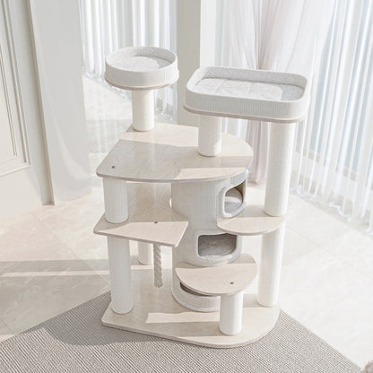 Contemporary Scandinavian Round Plywood Particleboard Paper Rope Velvet Fabric Cat Tree & Condo 3-Condo 5-Perch For Bedroom