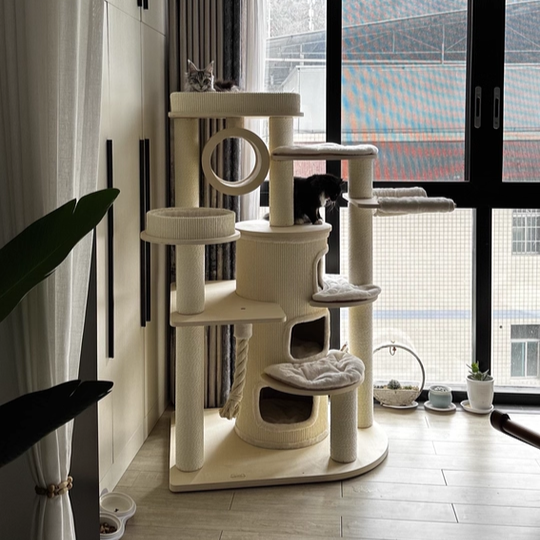 Contemporary Scandinavian Round Plywood Particleboard Paper Rope Velvet Fabric Cat Tree & Condo 3-Condo 5-Perch For Bedroom